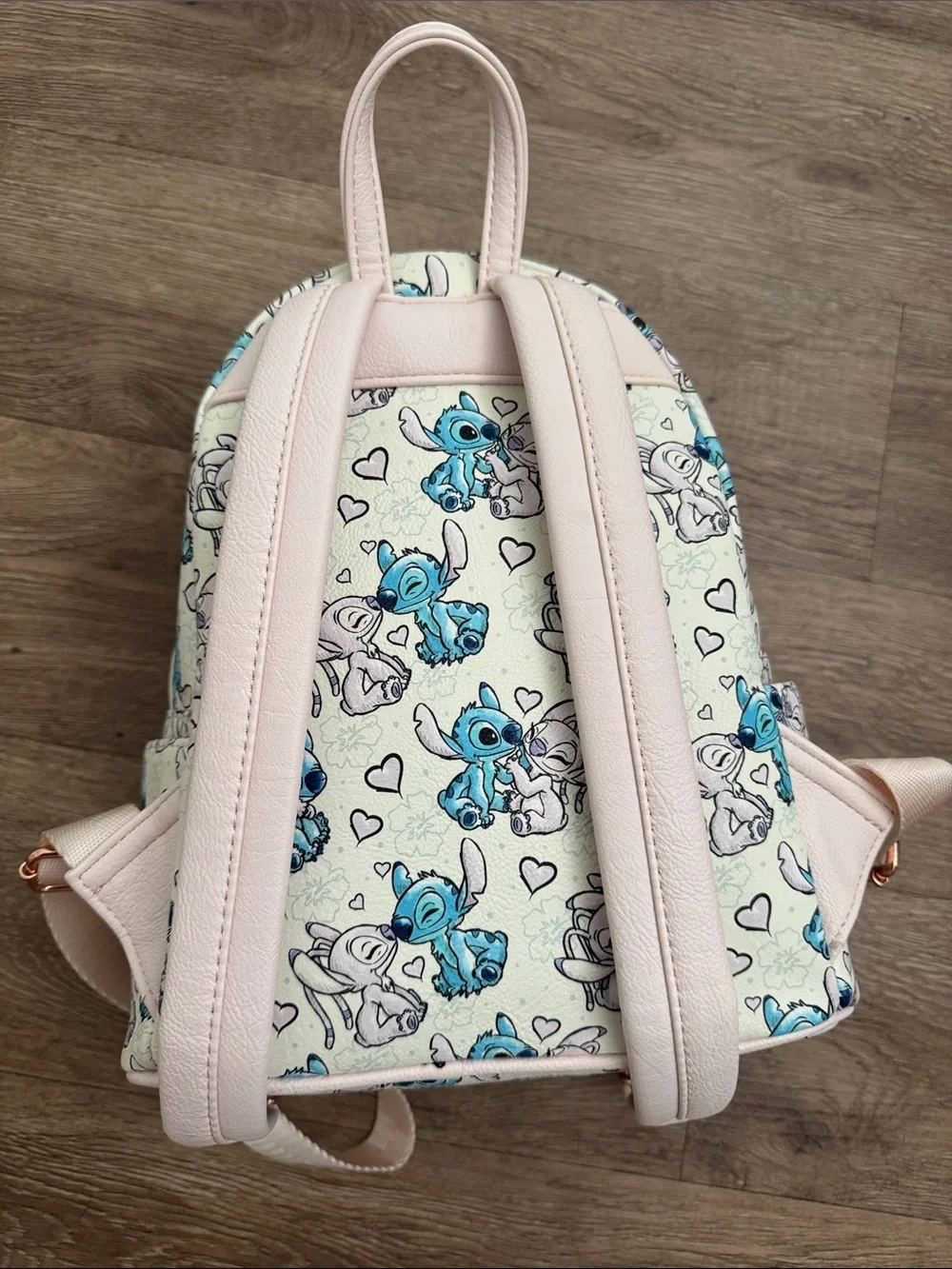 Loungefly Cream Mini Backpack with Blue Stitch Print and Pink Accents